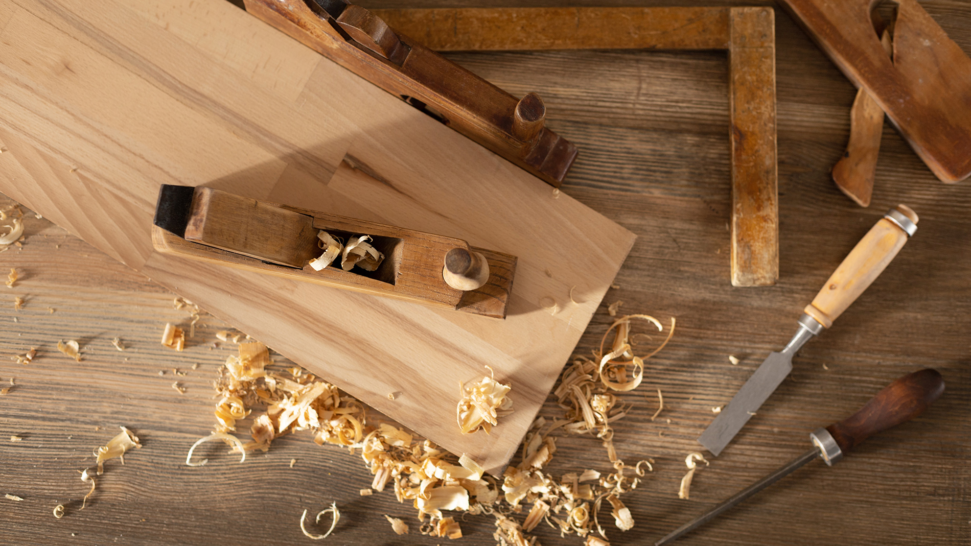 Woodworking tools on wooden table. Wood working or joiner tool